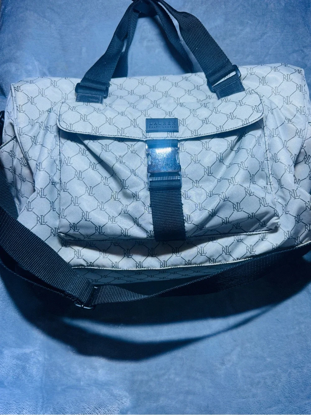 Ralph Lauren Beige Monogram Messenger Bag with Black Strap